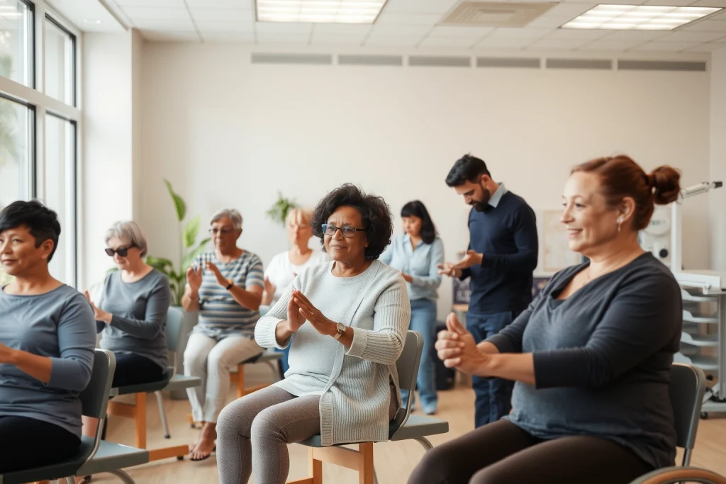 A calm, modern rehabilitation center interior with a diverse group of people (different ages, ethnicities, genders) engaged in gentle physical therapy exercises under the guidance of a professional therapist; soft natural light from large windows, plants in the background, medical equipment subtly visible, warm and hopeful atmosphere, no text or symbols