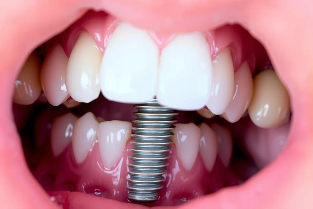 A close-up of a healthy dental implant in a natural-looking mouth, showing the titanium post integrated with gum tissue and a porcelain crown, soft natural lighting, realistic textures, no text or symbols