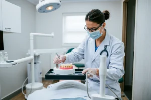 A professional dental clinic interior with a dentist examining a patient's dental implant model on a tray, modern dental tools, soft lighting, and a calm atmosphere emphasizing quality and care