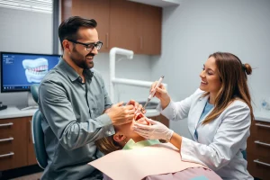 A modern dental clinic interior with a smiling patient sitting in a dental chair, a dentist in a white coat gently placing a dental implant into the patient's jaw, soft natural lighting, clean and sterile environment, subtle focus on the implant procedure with realistic dental tools and a digital screen showing a 3D model of teeth in the background, conveying painless and advanced dental restoration