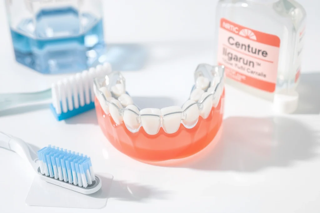 A close-up illustration of a set of dentures resting on a clean white surface, with a soft toothbrush and denture cleaning solution nearby, gentle lighting highlighting the texture of the acrylic and metal components, no text or labels visible