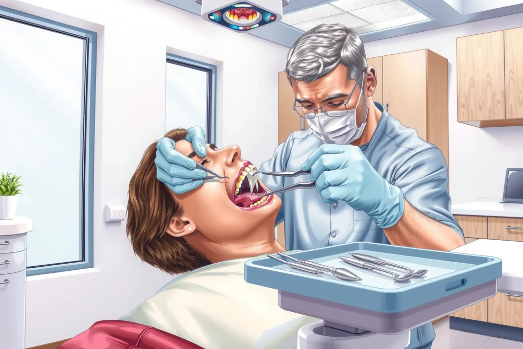 A detailed medical illustration showing a dentist performing a tooth extraction in a modern dental clinic, with the patient seated in a dental chair, the dentist using forceps to remove a tooth, visible gum tissue and bone structure, dental tools on a tray, soft lighting, clinical environment, no text or labels