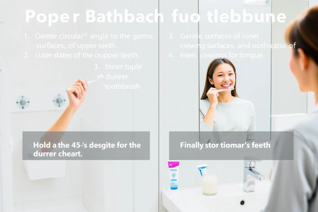 A clear, step-by-step visual guide showing proper toothbrushing technique: a person standing in front of a bathroom mirror, holding a toothbrush correctly at a 45-degree angle to the gums, with gentle circular motions on the outer surfaces of upper teeth, then inner surfaces, then chewing surfaces, and finally the tongue. The scene includes a toothbrush, toothpaste tube, and sink with running water. Soft, natural lighting, clean modern bathroom background, no clutter. The person is smiling gentl