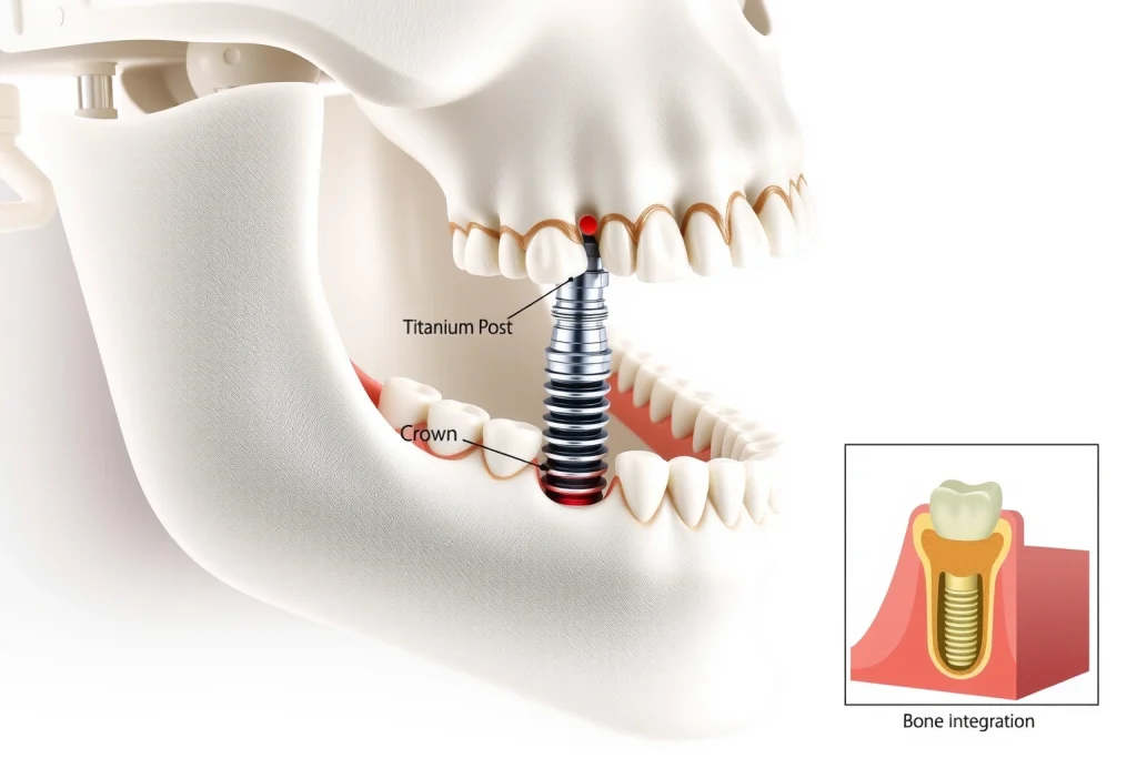 A detailed medical illustration showing a human jaw with dental implants placed in the gums, highlighting the titanium post, abutment, and crown, with clear labels and cross-sectional view of bone integration, set against a clean white background
