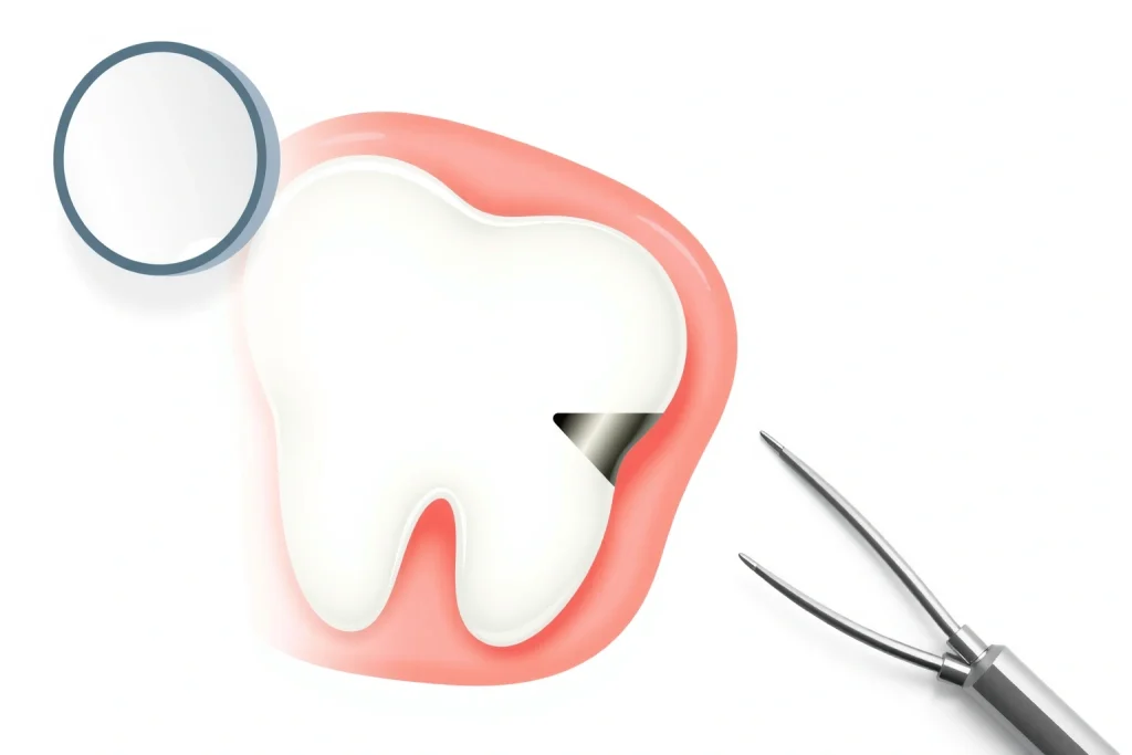 A close-up illustration of a human tooth with a visible crack or chip, showing the broken area clearly, set against a clean white background, with subtle dental tools like a mirror and probe nearby, emphasizing dental care and urgency, in a realistic yet educational style
