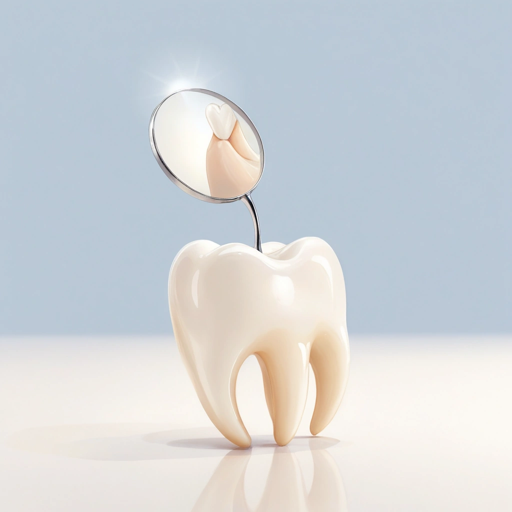 A close-up illustration of a human hand gently holding a lost tooth, with a soft dental mirror and gauze nearby on a clean white surface, subtle shadows, warm lighting, medical but calm atmosphere
