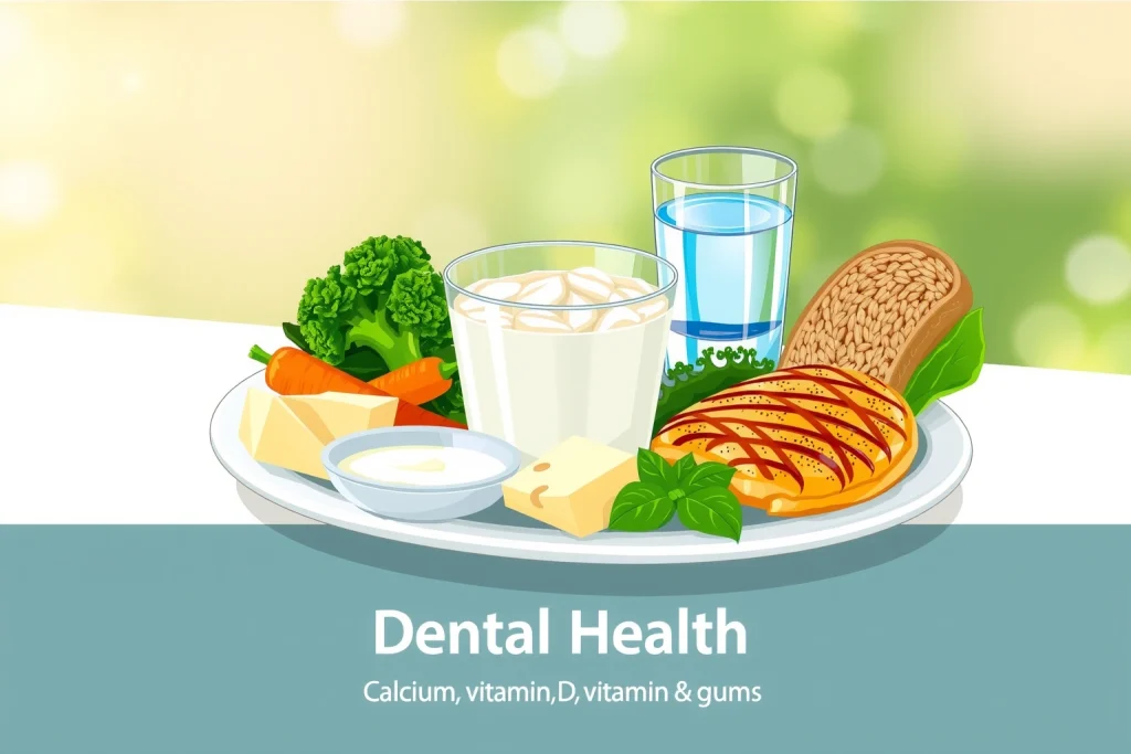A vibrant, detailed illustration of a balanced meal promoting dental health: fresh vegetables like broccoli and carrots, dairy products such as yogurt and cheese, lean protein like grilled chicken, whole grains, and a glass of water, all arranged neatly on a clean white plate with a soft natural background, emphasizing nutrients beneficial for teeth and gums — calcium, vitamin D, vitamin C, and fiber — without any text, labels, or symbols