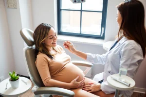 A pregnant woman sitting calmly in a modern dental chair, wearing a comfortable maternity outfit, smiling gently as a female dentist in a white coat examines her teeth with a small mirror and probe. Soft natural light from a window illuminates the scene. On a side table: a potted plant, a glass of water, and dental tools neatly arranged. Warm, reassuring atmosphere emphasizing safety and care during pregnancy.