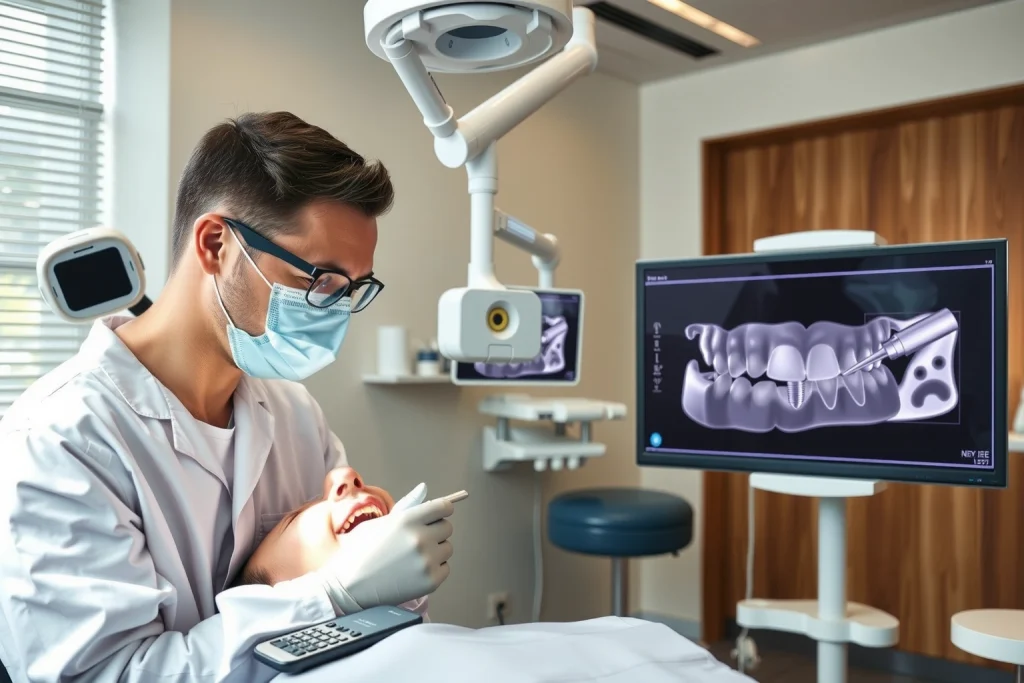A modern dental clinic interior showing a dentist performing a dental implant procedure on a patient, with close-up view of titanium implant being placed into jawbone, digital 3D scan of teeth on a monitor nearby, sterile environment with advanced dental tools, soft natural lighting, realistic medical details