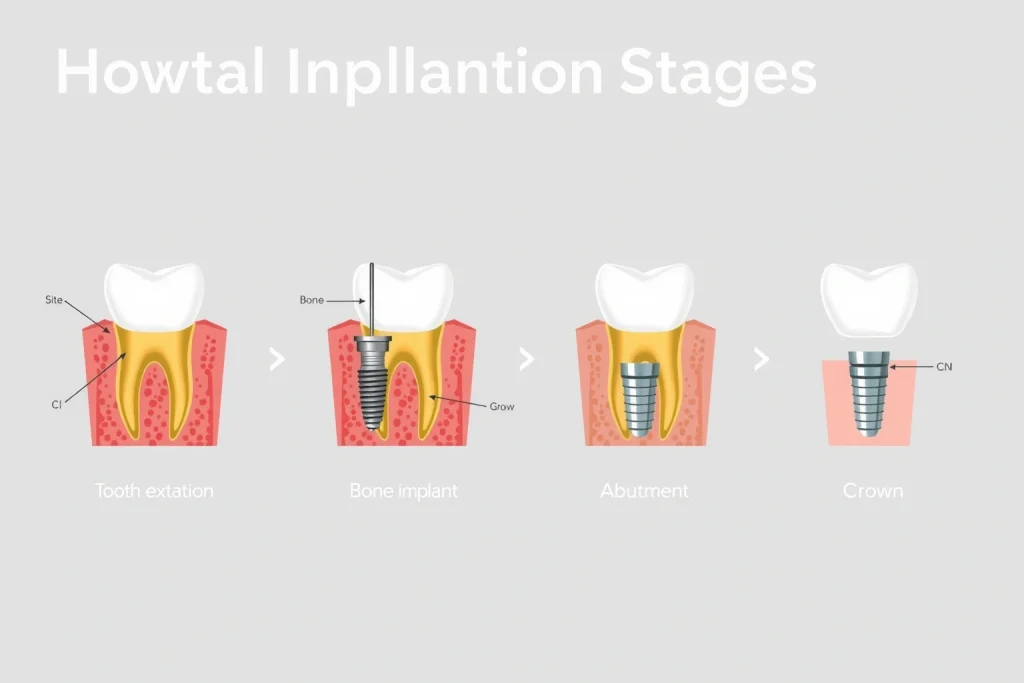 A detailed medical illustration showing the main stages of dental implantation stages: 1) tooth extraction site, 2) bone preparation with drill, 3) titanium implant placement into jawbone, 4) abutment attachment, 5) crown placement on top. Include cross-sectional view of jawbone and gum tissue, with labeled anatomical structures (implant, abutment, crown, bone, gum). Clean, clinical, educational style with soft lighting and neutral background.