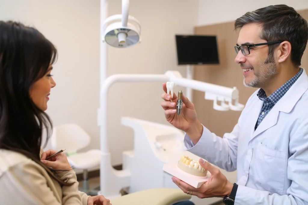 A professional dental clinic setting with a dentist explaining the benefits of dental implants to a patient. The dentist is holding a model of a dental implant and a natural tooth for comparison. The patient is attentively listening, and the clinic is modern and well-lit, with dental equipment in the background.