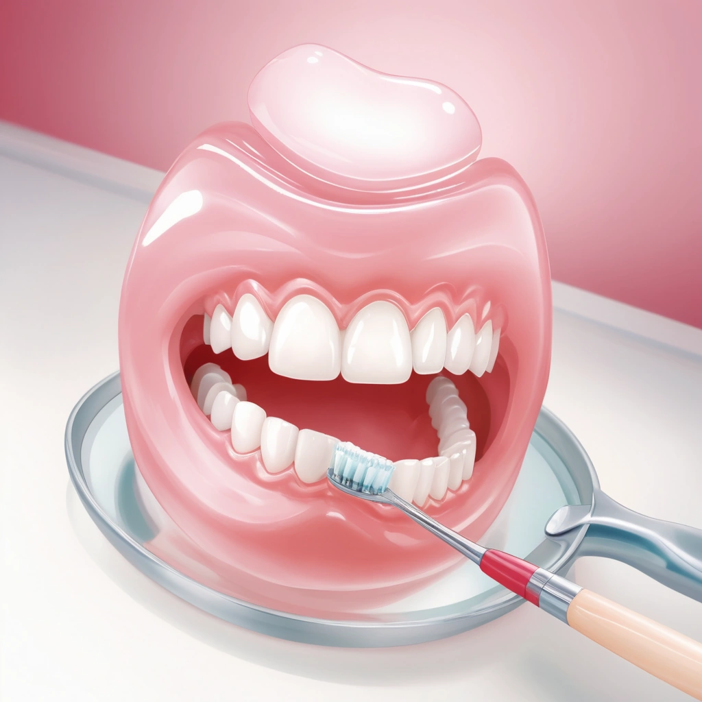 A close-up illustration of healthy pink gums and inflamed red gums with visible plaque buildup on teeth, showing early signs of gingivitis, with a soft dental mirror and toothbrush in the background, clean white clinical setting, natural lighting, educational medical diagram style