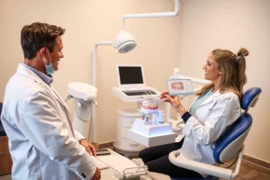 A calm dental clinic interior with a patient sitting in a dental chair, a dentist in a white coat explaining the implant procedure using a 3D model of teeth, soft natural lighting, medical equipment visible but not overwhelming, warm and reassuring atmosphere, focus on patient education and preparation