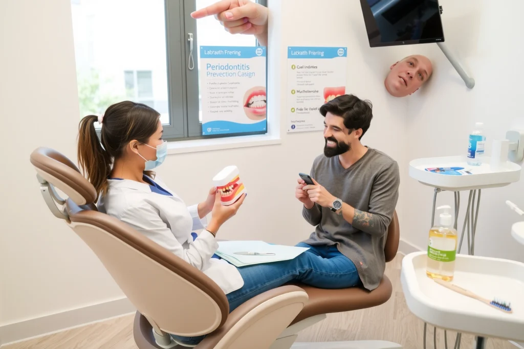 A clean, modern dental clinic interior with a dentist and a patient sitting in a dental chair, the dentist gently explaining oral hygiene using a model of teeth and gums, soft natural light from a window, educational posters about periodontitis prevention on the wall, toothbrush, floss, and mouthwash on a nearby tray, warm and reassuring atmosphere
