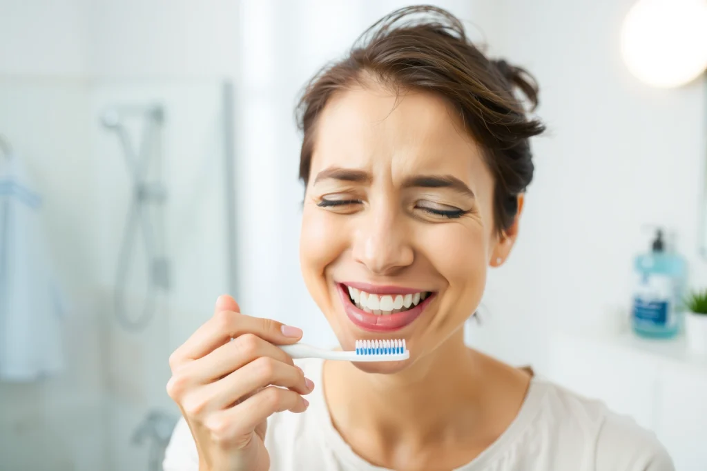 A person gently brushing their teeth with a soft-bristled toothbrush, smiling calmly, in a bright, clean bathroom with natural light, no visible pain or discomfort, focus on relaxed facial expression and proper brushing technique