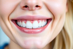 A close-up of a person smiling naturally, showing healthy, well-aligned dental implants that blend seamlessly with natural teeth, soft natural lighting, focus on the smile and gum line, realistic skin texture, no visible dental work artifacts, warm and inviting expression