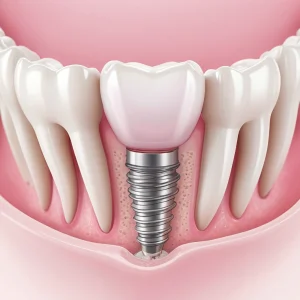 A close-up illustration of a dental implant in a human jaw, showing the titanium post integrated into the bone with a crown on top, surrounded by healthy pink gums, soft lighting, medical accuracy, no text or labels