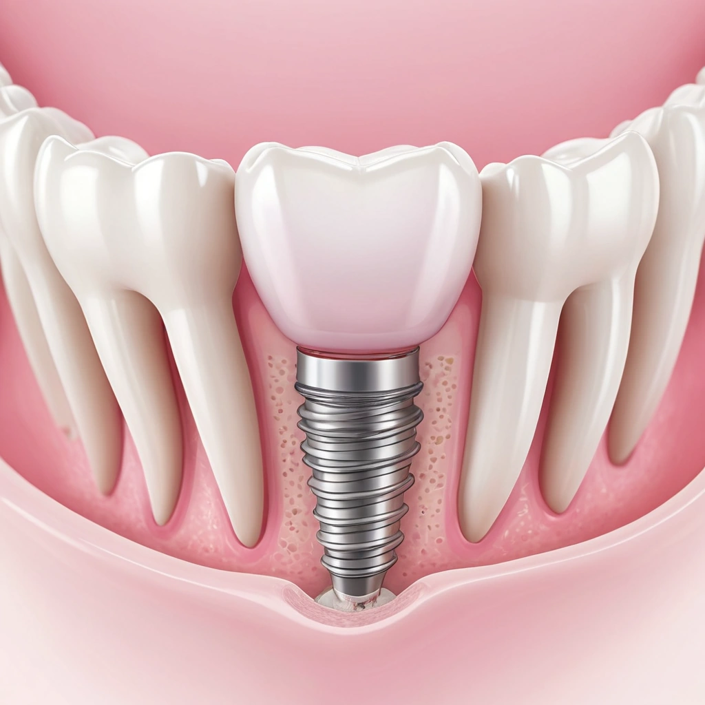 A close-up illustration of a dental implant in a human jaw, showing the titanium post integrated into the bone with a crown on top, surrounded by healthy pink gums, soft lighting, medical accuracy, no text or labels