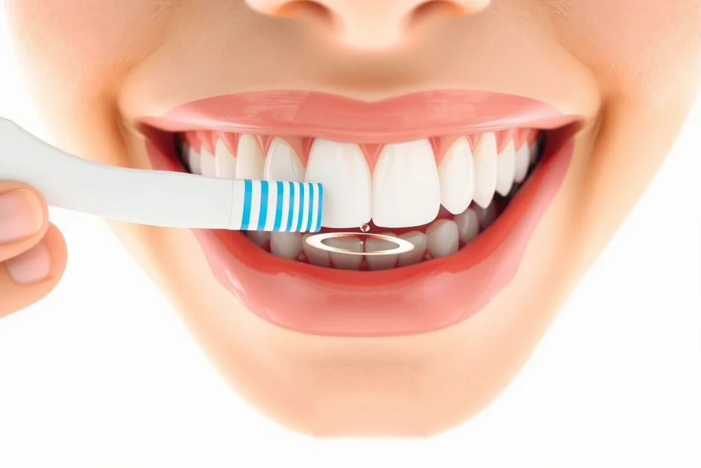 A close-up illustration of healthy human teeth with strong, smooth enamel, showing a toothbrush gently brushing the surface, fluoride droplets in the air, and a shield-like protective layer over the enamel, set against a clean white background with soft natural lighting