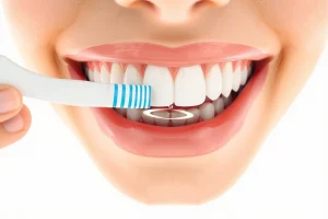 A close-up illustration of healthy human teeth with strong, smooth enamel, showing a toothbrush gently brushing the surface, fluoride droplets in the air, and a shield-like protective layer over the enamel, set against a clean white background with soft natural lighting