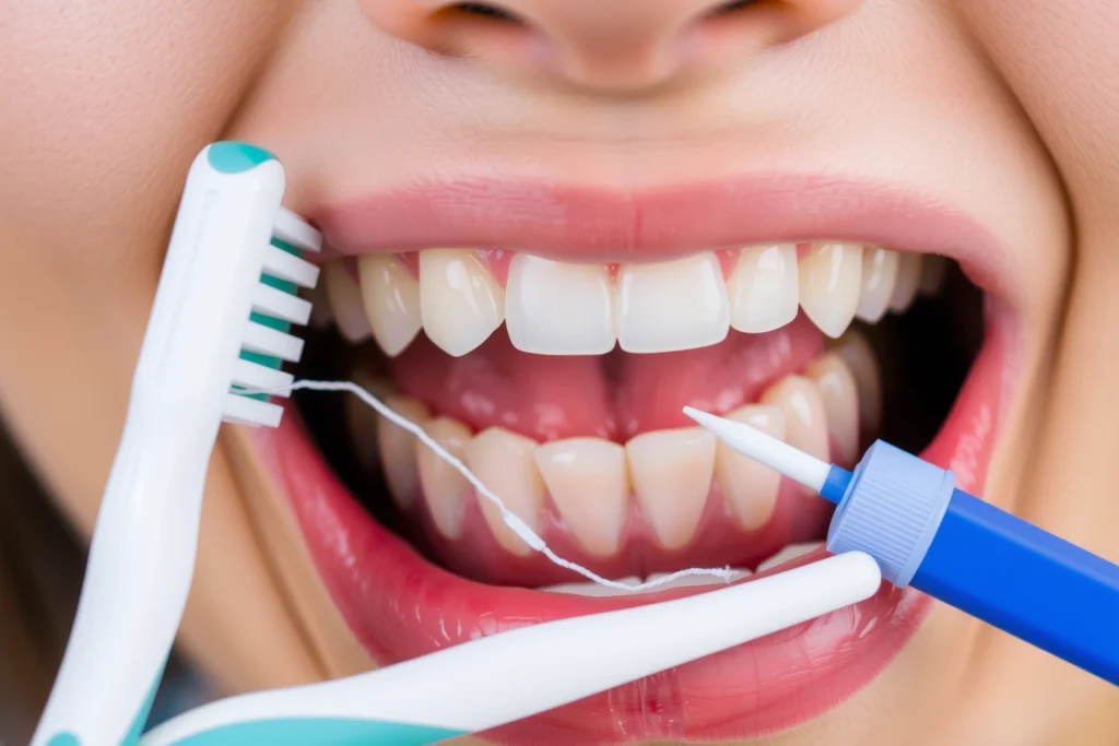 A close-up of a person's mouth with healthy gums and teeth, demonstrating proper oral hygiene practices such as brushing and flossing. The image should also include dental tools like a toothbrush, dental floss, and mouthwash to emphasize the importance of regular dental care.