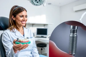 A modern dental clinic interior with a dentist in a white coat holding a dental implant model, a patient smiling with visible healthy teeth, and a close-up of a titanium dental implant being placed into a jawbone, all in a clean, professional, and reassuring environment with soft natural lighting