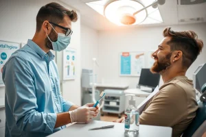 A clean, bright dental clinic interior showing a dentist explaining oral hygiene to a smiling adult patient, with a toothbrush, dental floss, and mouthwash visible on a counter, educational posters about brushing and flossing on the wall, soft natural lighting, modern equipment, warm and welcoming atmosphere