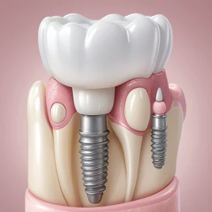 A close-up illustration of a dental implant in a human jawbone, showing the titanium post integrated with bone tissue, a crown on top, and soft gums surrounding it, with subtle labels indicating osseointegration and proper oral hygiene tools like a soft-bristle toothbrush and floss nearby, all in a clean, educational medical illustration style
