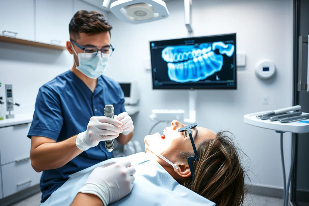 A modern dental clinic interior with a dentist performing a dental implant procedure on a patient, showing detailed close-up of titanium implant being placed into jawbone, digital X-ray screen displaying 3D scan of teeth and implants in background, sterile environment with advanced dental tools, soft natural lighting, realistic medical accuracy