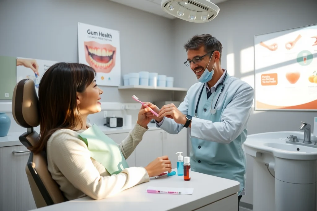A clean, modern dental clinic interior with a smiling dentist demonstrating proper toothbrushing technique to a patient, dental hygiene tools like toothbrush, floss, and mouthwash on a counter, soft natural lighting, educational poster on the wall showing gum health and cavity prevention, warm and welcoming atmosphere
