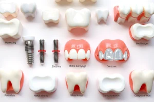 A detailed illustration showing various types of artificial teeth (dental implants, crowns, bridges, dentures) made from different materials such as porcelain, zirconia, metal alloys, and composite resin, arranged neatly on a clean white background with soft lighting, each tooth labeled subtly with its material type in a minimalist font, no text visible on the teeth themselves, realistic textures and translucency effects visible