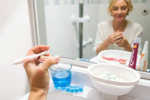 A clean, well-lit bathroom scene showing a person's hands gently cleaning a full set of upper and lower dentures with a soft-bristled denture brush and denture cleaning solution in a small cup, with a denture soaking container nearby filled with water and cleaning tablets, a mirror reflecting a calm expression, and a toothpaste tube and toothbrush visible in the background — all elements emphasizing proper hygiene and care for dental prosthetics, no text or labels present