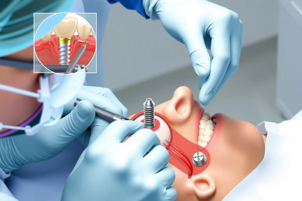 A detailed medical illustration showing a dentist performing dental implant surgery on a patient's jaw, with clear views of the implant placement, surrounding bone structure, and surgical tools, in a clean clinical setting