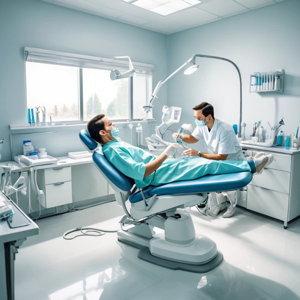 A detailed illustration of a dental clinic setting, showing a dentist treating an adult patient for a cavity. The dentist is using dental tools to clean and fill the tooth, with the patient comfortably seated in a dental chair. The clinic is well-lit and equipped with modern dental equipment, emphasizing a professional and sterile environment.