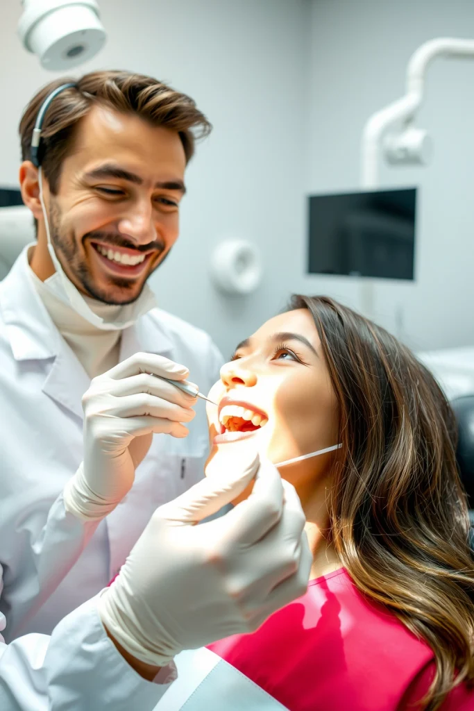 A smiling dentist examining a patient's teeth in a modern dental clinic, showing proper oral hygiene techniques with dental tools and a healthy smile, clean background with dental equipment