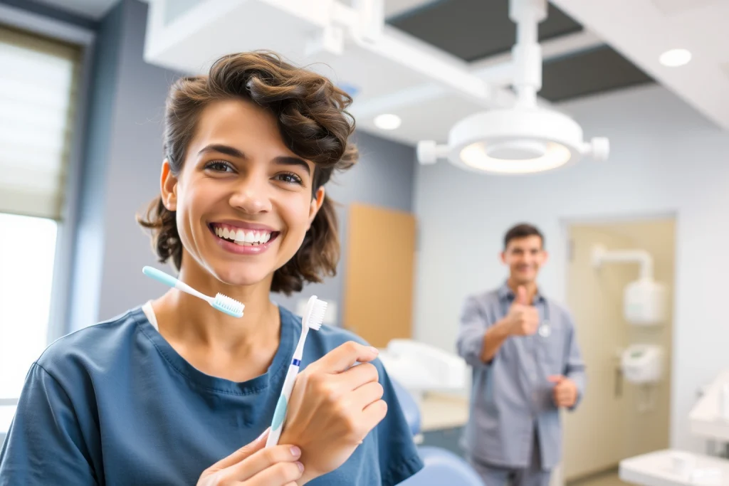 A young adult smiling with healthy white teeth, holding a toothbrush and floss, standing in a bright modern dental clinic, with a dentist in the background giving a thumbs-up, showcasing good oral hygiene practices