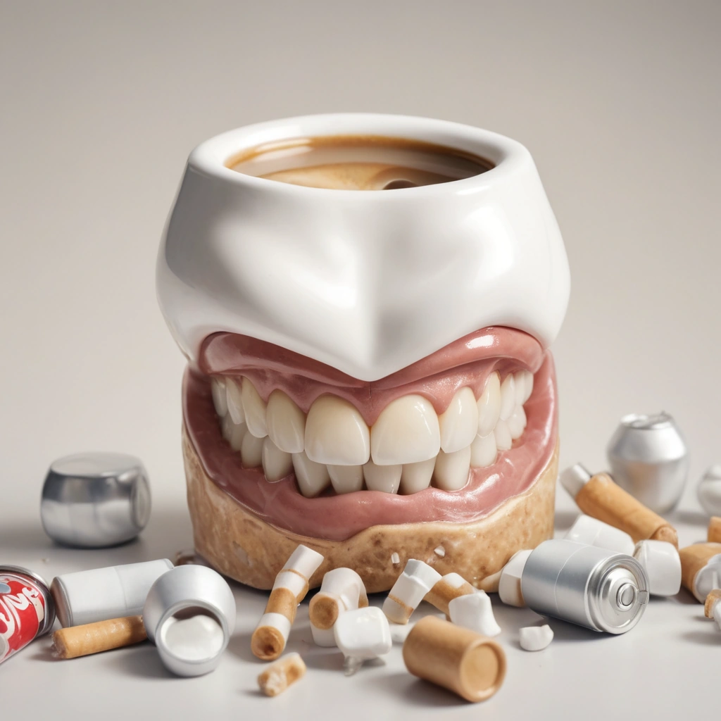 A close-up illustration of a human mouth showing damaged teeth with visible cavities, plaque buildup, and gum inflammation, surrounded by symbolic icons of harmful habits: a cigarette, a sugary soda can, a nail being bitten, and a coffee cup staining the teeth, all rendered in a clean, educational medical illustration style with soft lighting and neutral background