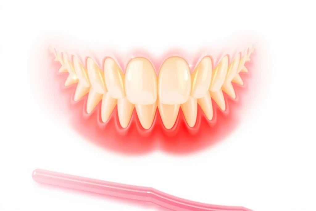 A close-up illustration of healthy pink gums surrounding white teeth, with a soft glowing aura indicating wellness, no visible plaque or inflammation, gentle dental floss and toothbrush nearby on a clean white background, symbolizing prevention of gum disease