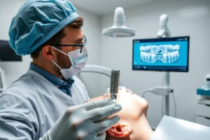 A modern dental clinic interior with a dentist performing a dental implant procedure on a patient, showing detailed close-up of titanium implant being placed into jawbone, digital 3D scan of teeth on a screen nearby, sterile environment with advanced dental tools, soft natural lighting, realistic textures of metal, gum tissue, and dental equipment