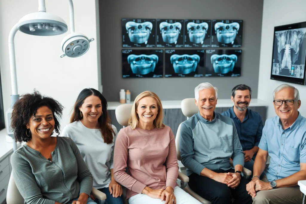 A diverse group of adult patients of different ages, ethnicities, and genders sitting calmly in a modern dental clinic, each showing healthy smiles with visible dental implants, surrounded by dental equipment and X-ray images on the wall, soft natural lighting, professional and reassuring atmosphere