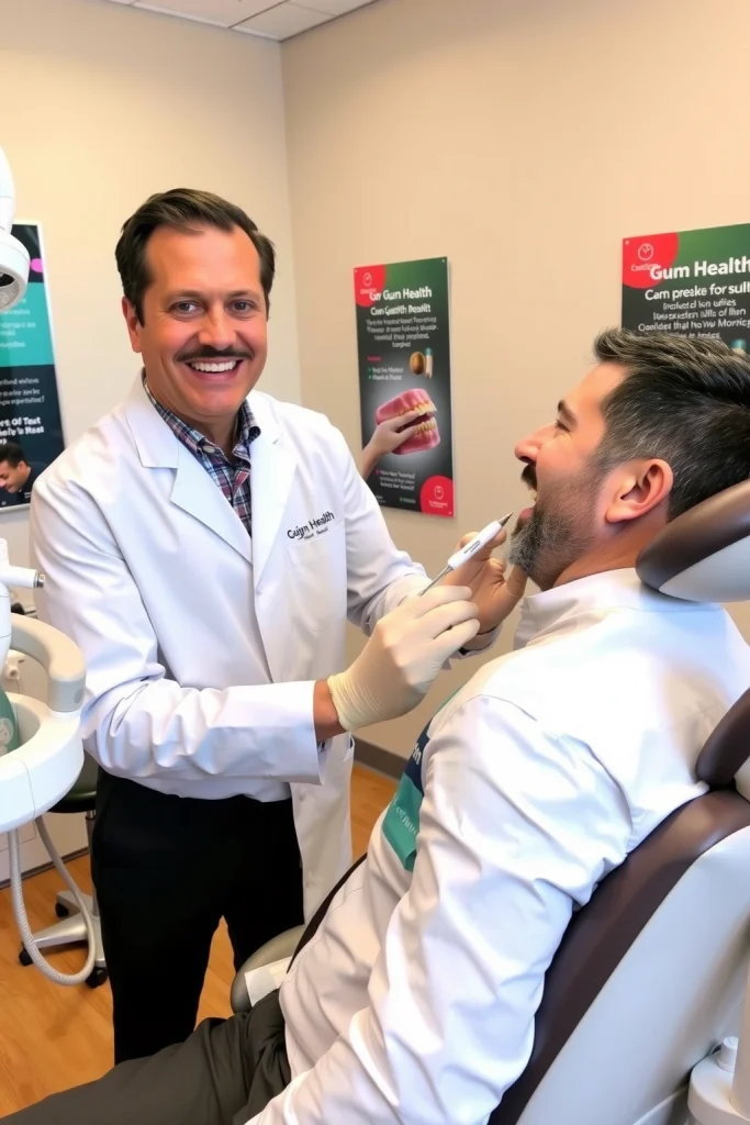 A smiling dentist in professional attire examining a patient's teeth in a modern dental clinic, with dental tools visible, educational posters about gum health on the walls, and a friendly atmosphere