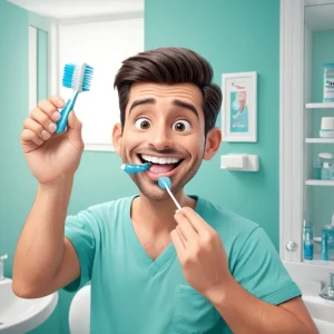 A detailed illustration of a person practicing good oral hygiene, including brushing teeth with proper technique, flossing, and using mouthwash. The image should also include a dental professional demonstrating the correct methods. The setting should be a clean, modern dental office with dental tools and educational posters on the walls.