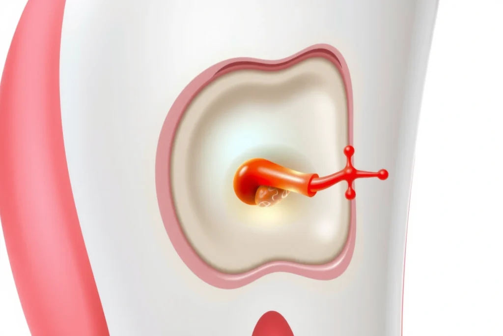 A dental illustration showing a cross-section of a human tooth with inflamed pulp (pulpitis), highlighting the infected nerve tissue inside the root canal, surrounded by healthy enamel and dentin, with subtle red inflammation and bacterial presence near the pulp chamber, set against a clean white background for medical clarity