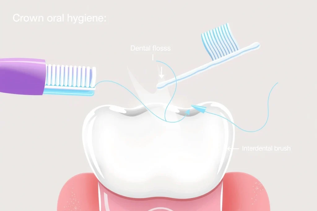A close-up illustration of a dental crown on a tooth, showing proper oral hygiene tools like a soft-bristled toothbrush, dental floss, and interdental brush gently cleaning around the crown, with a clean, bright background and subtle glow emphasizing dental health and care