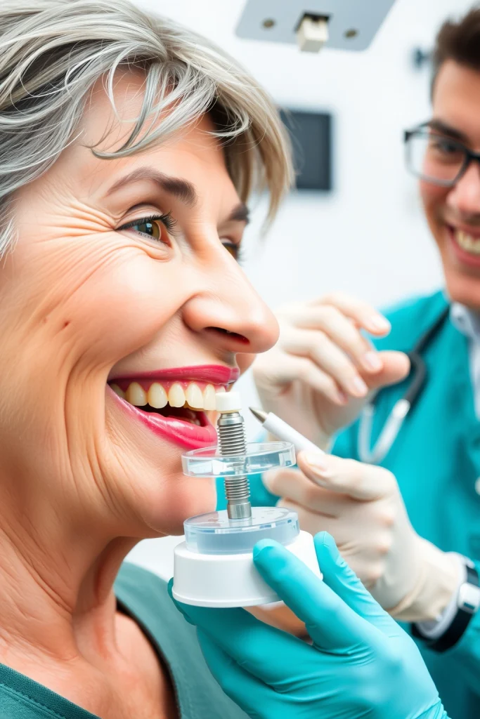 A smiling middle-aged person with a dental implant model in their mouth, showing the implant fixture and crown, with a friendly dentist examining their teeth in a modern dental clinic setting, soft natural lighting, clean white background, medical professionalism, informative and reassuring atmosphere