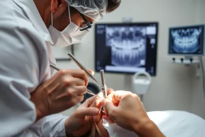 A professional dental clinic scene showing a dentist in a white coat carefully placing a dental implant into a patient's jawbone using precise instruments, with a dental X-ray visible on a screen in the background showing successful osseointegration, soft natural lighting, and a calm, reassuring atmosphere