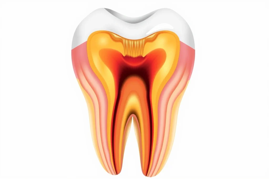 A detailed medical illustration showing a cross-section of a human tooth with inflamed pulp (pulpitis), highlighting the infected nerve tissue inside the root canal, surrounded by healthy dentin and enamel, with subtle red and yellow tones indicating inflammation, set against a clean white background for clarity