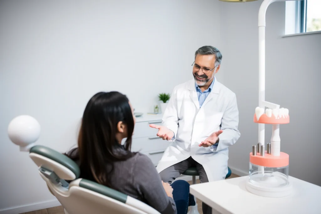 A calm, professional dental clinic interior with a dentist in a white coat explaining dental implant procedure to a patient sitting in a dental chair, showing a 3D model of a jaw with implants on a nearby table, soft natural lighting, clean and modern environment, focus on trust and clarity