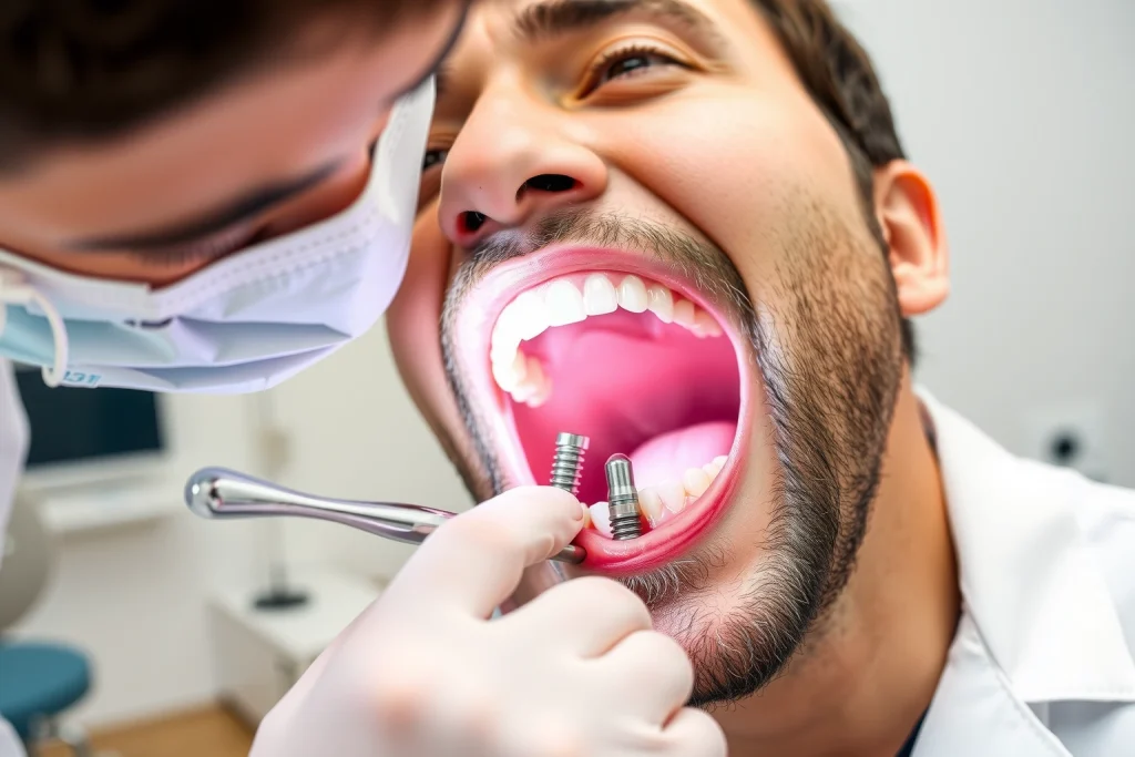 A modern dental clinic interior with a dentist in a white coat examining a patient's mouth, focusing on a close-up view of dental implants being placed into the jawbone, with subtle visual indicators of healing and integration, soft natural lighting, realistic medical details, no text or labels