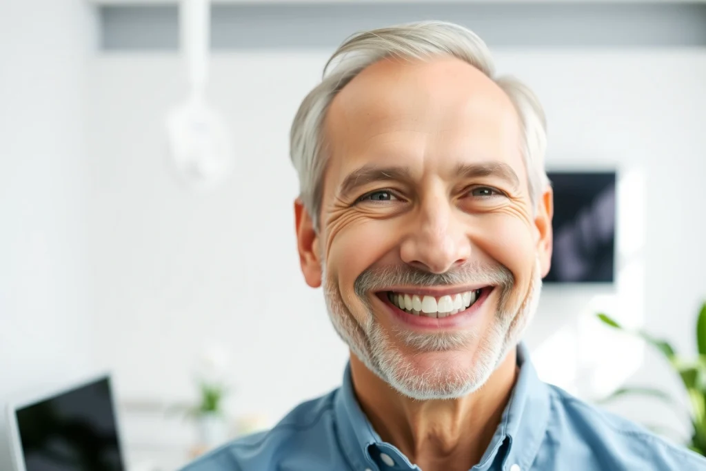 A confident middle-aged person smiling warmly with a full set of natural-looking dental implants, standing in a bright modern dental clinic with soft natural light, clean white walls, and subtle greenery in the background; focus on the smile and facial expression conveying improved quality of life, no visible dental tools or medical equipment in foreground